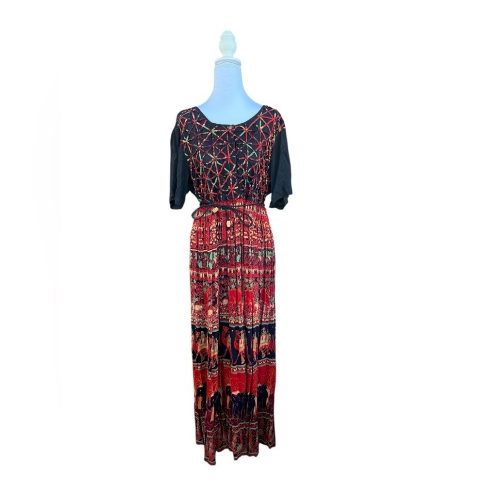 Vintage 90s Jasmine By KVM Gauzy Boho Empire Tie Waist Rayon Dress Size Medium